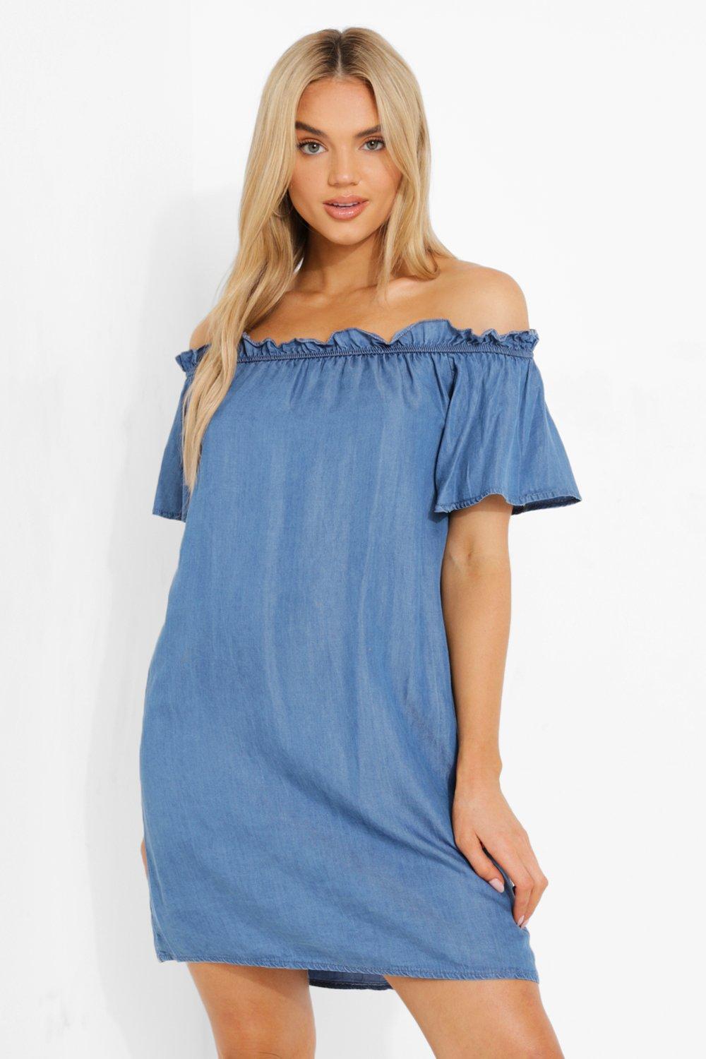 Off the shoulder denim dress boohoo sales